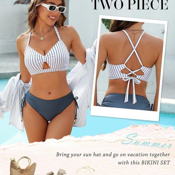 Women's Striped Blue Cheeky Bikini Set 2025 - Picture 5 of 6